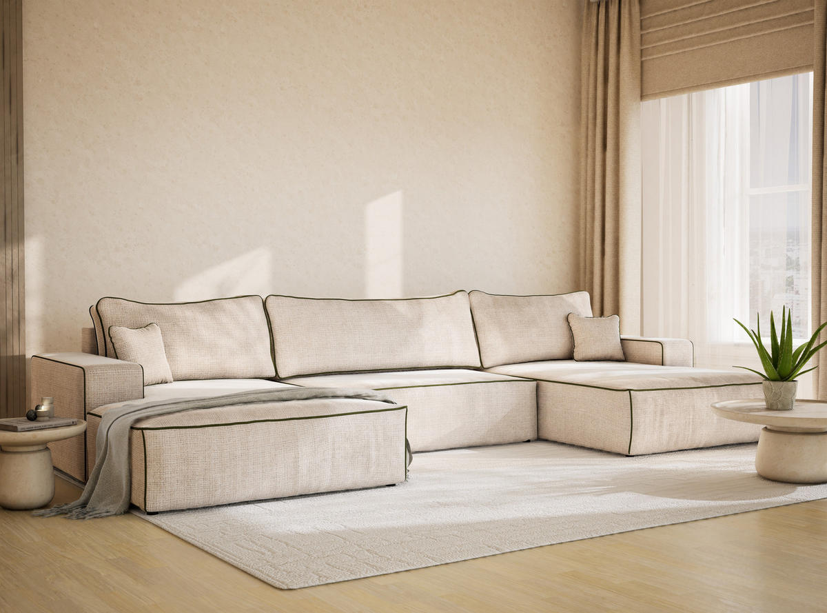 WOHNLANDSCHAFT Deseo Creme-Olivgrün Chenille-Stoff - Creme/Schwarz, Holz/Holzwerkstoff (398/70/148cm) - Maison de Reve