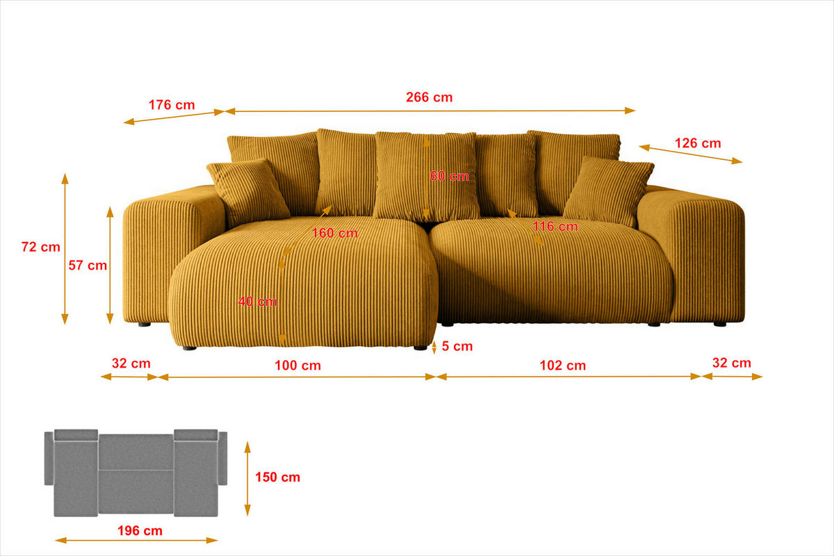 ECKSOFA Ottomane rechts ESKAR-L 266x176x72 Currygelb Cord - Currygelb/Schwarz, Holzwerkstoff/Kunststoff (176/266cm) - ALTDECOR