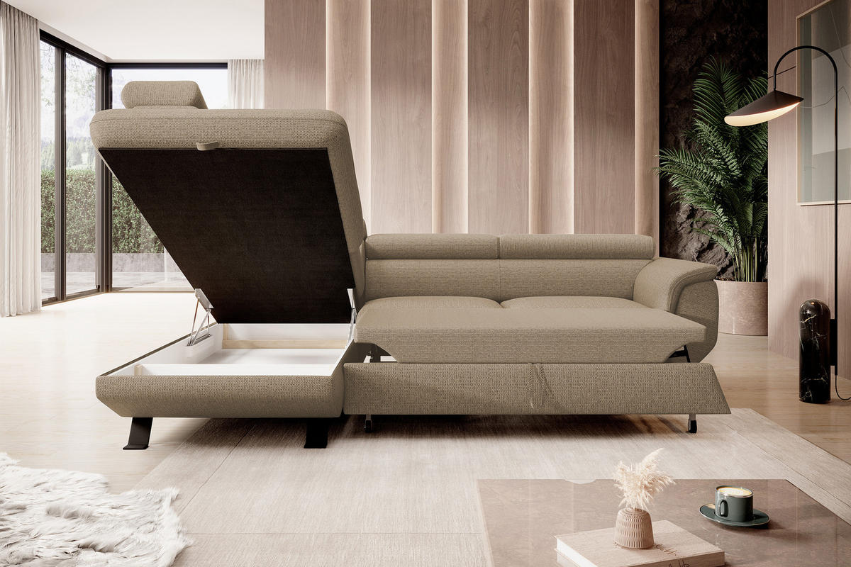 ECKSOFA RAVEN L mit Schlaffunktion und Bettkasten, Freistehend, Polstersofa mit Verstellbaren Kopfstützen, 257x198x96 cm, Linke, Cappucino - Cappuccino, Holz/Textil (198/256cm) - DomoHome