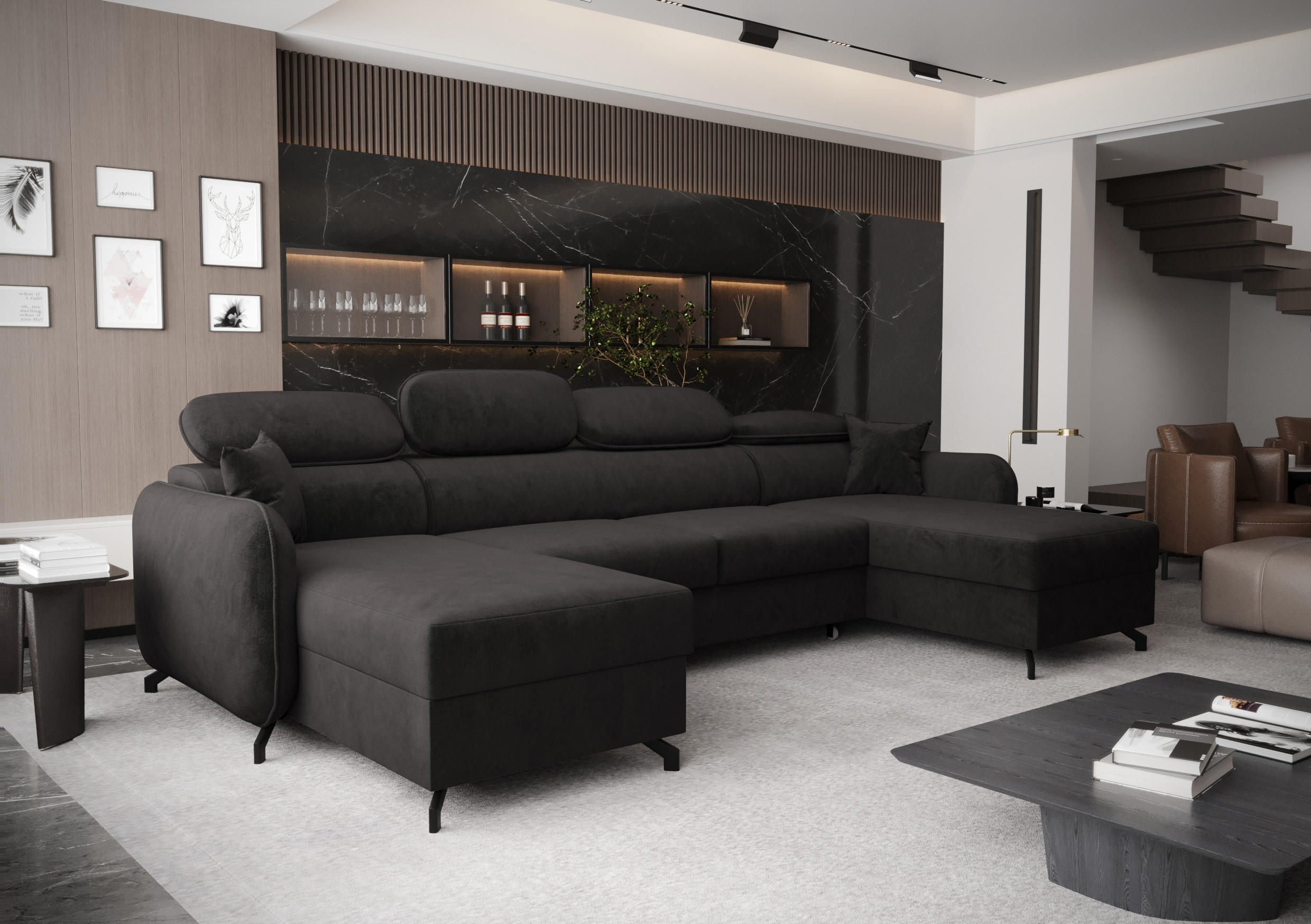 WOHNLANDSCHAFT Ribella 5 Grafit 345/180/100 cm mit Schlaffunktion - Schwarz, Textil/Metall (345/100/180cm) - AX Living