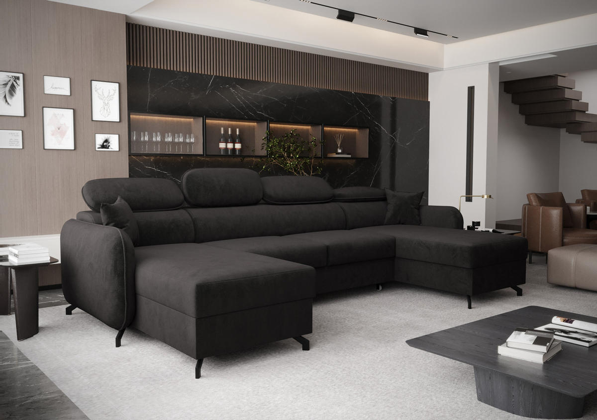 WOHNLANDSCHAFT Ribella 5 Grafit 345/180/100 cm mit Schlaffunktion - Schwarz, Textil/Metall (345/100/180cm) - AX Living