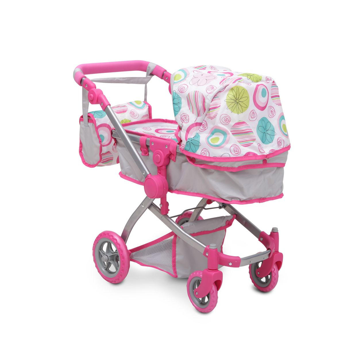 PUPPENWAGEN Rose 9651B Sonnendach, Tasche, verstellbarer Schiebegriff, Sportsitz, Polyester - Rosa, Metall (37/64/63.5cm) - Moni