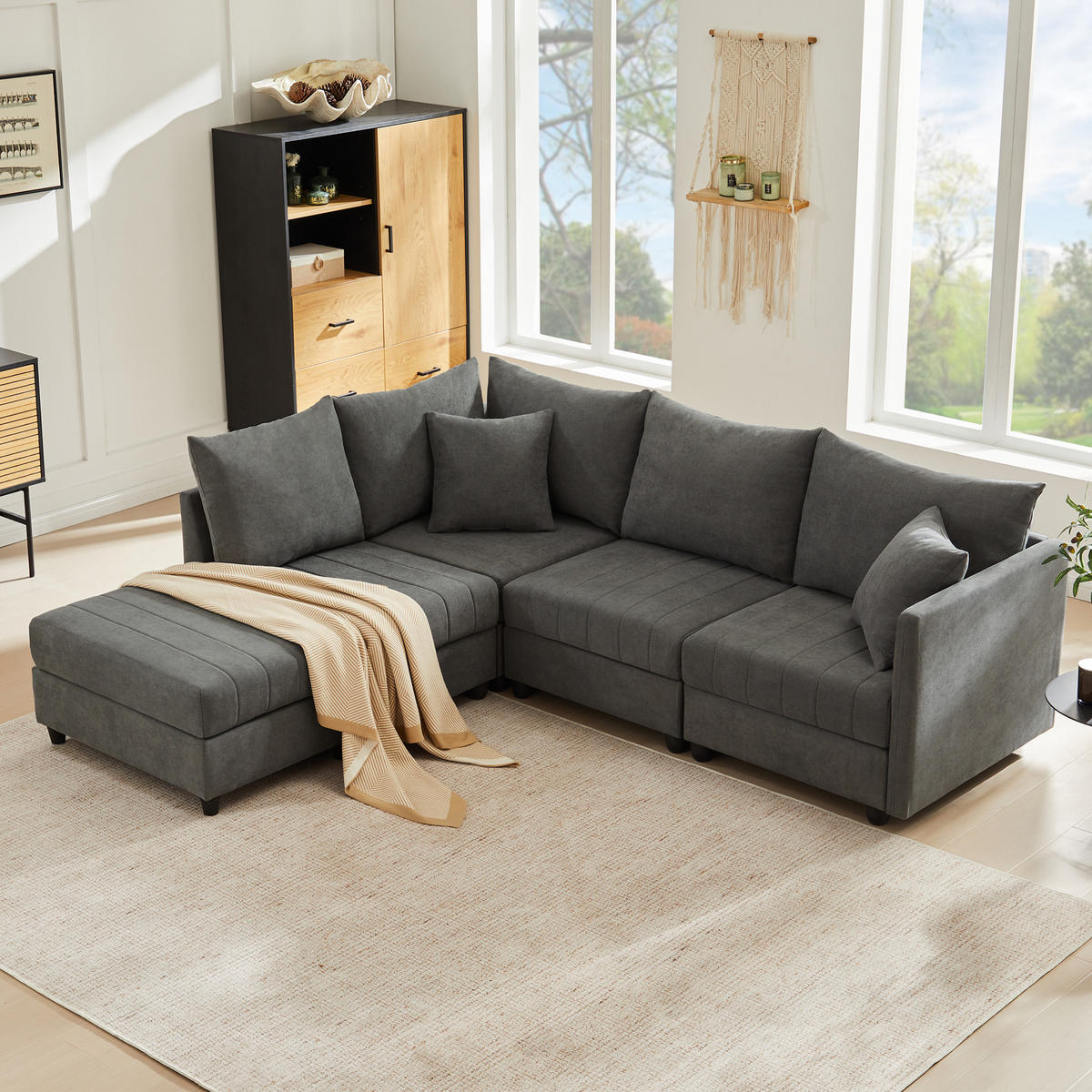 5-SITZER ECKSOFA Leinen Grau mit Hocker - Grau, Holzwerkstoff/Kunststoff (220/194cm) - WISHDOR