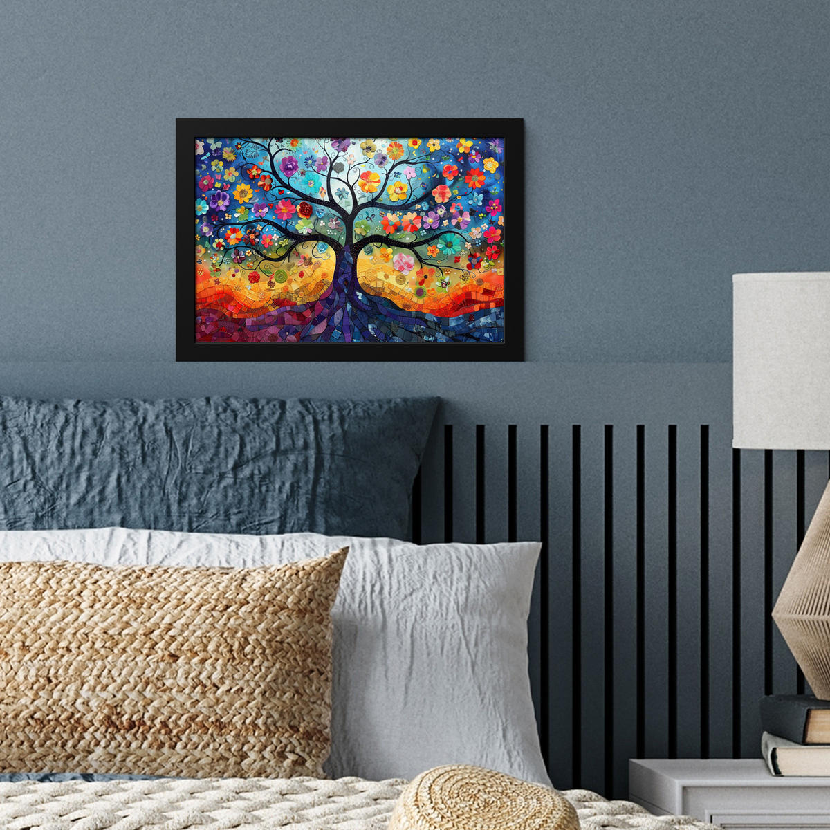 POSTER MIT RAHMEN Kunst - Baum des Lebens - Blumen - Hippie 30x20 cm - Dunkelblau, Papier (30/20cm) - MuchoWow