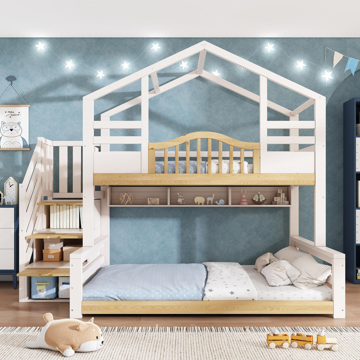 ETAGENBETT 90/200 cm & 140/200 cm in Weiß & Holzfarbe mit Treppenschrank und Regalen - Weiß, Holz/Holzwerkstoff (140/200cm) - WISHDOR