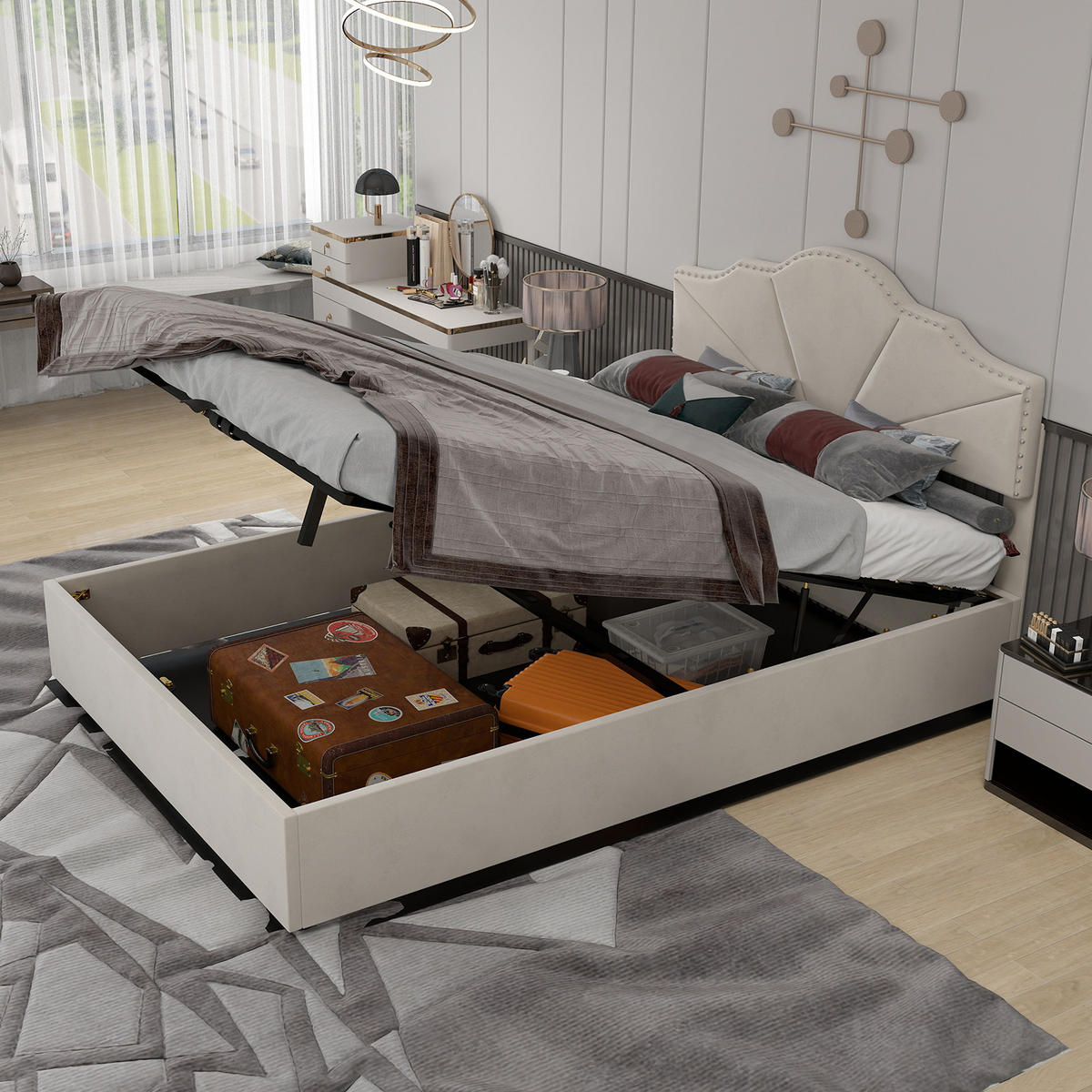 POLSTERBETT 140x200 cm Samt Stauraum hydraulisch beige - Beige, Textil (140/200cm) - Fortuna Lai