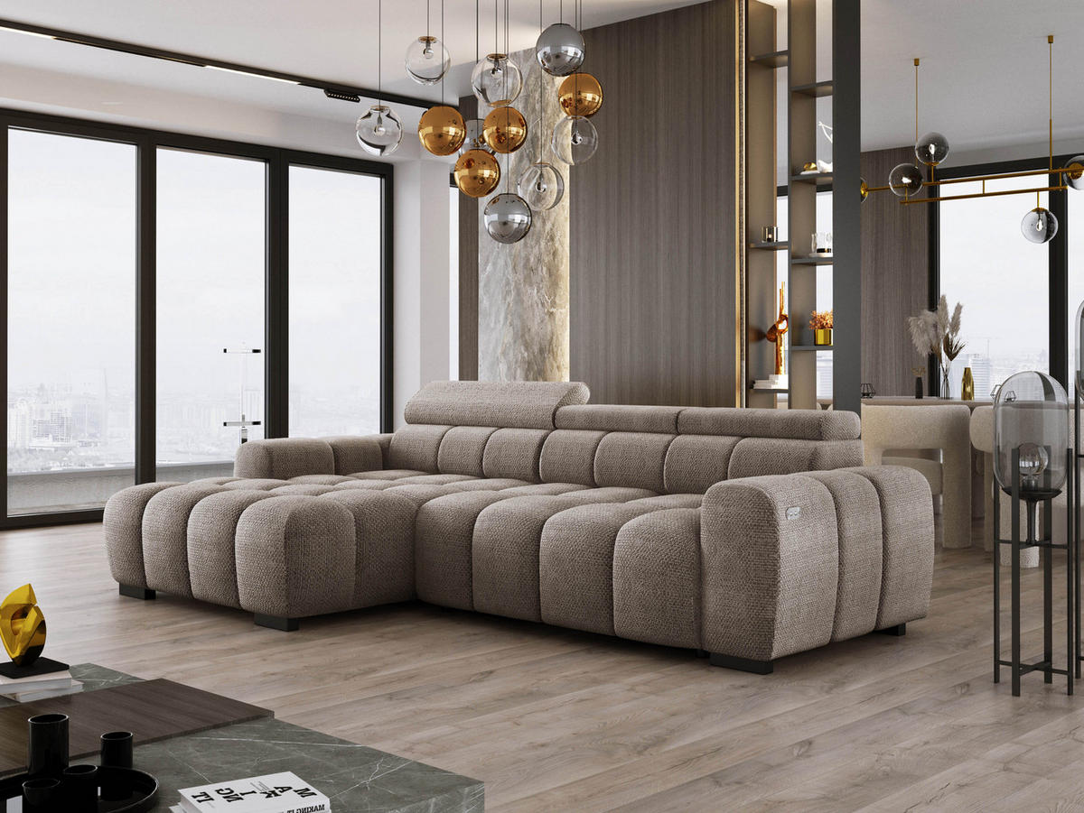 ECKSOFA OMBO 285x168x77/97 cm, Links, Schlaffunktion, elektr. Sitz, Kopfstützen, hydrophober EDEN-Stoff – Cappuccino - Cappuccino, Holz/Textil (168/285cm) - DomoHome