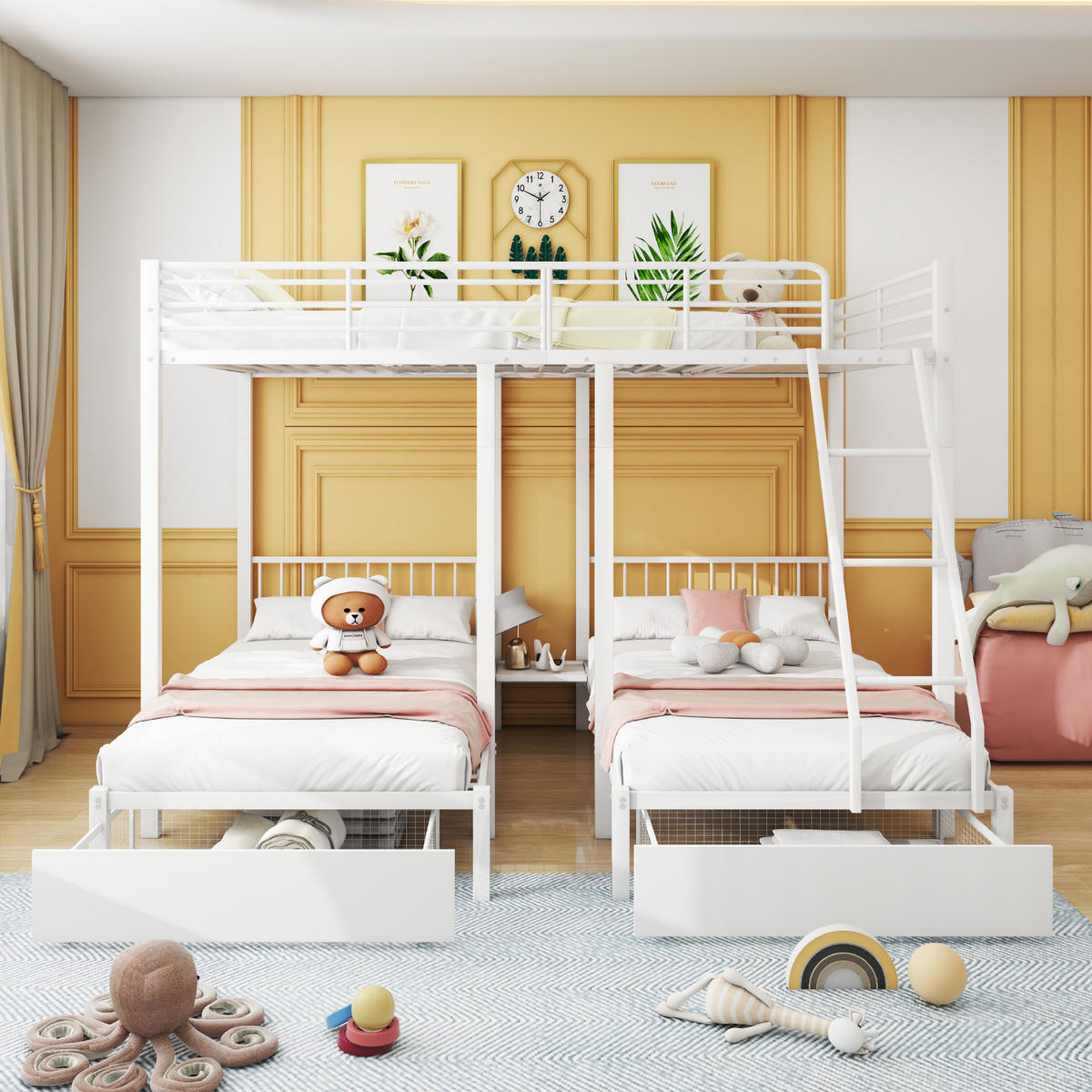 ETAGENBETT 140/200 cm weiß aus Metall mit 2 Schubladen teilbar - Weiß, Metall (140/200cm) - OKWISH