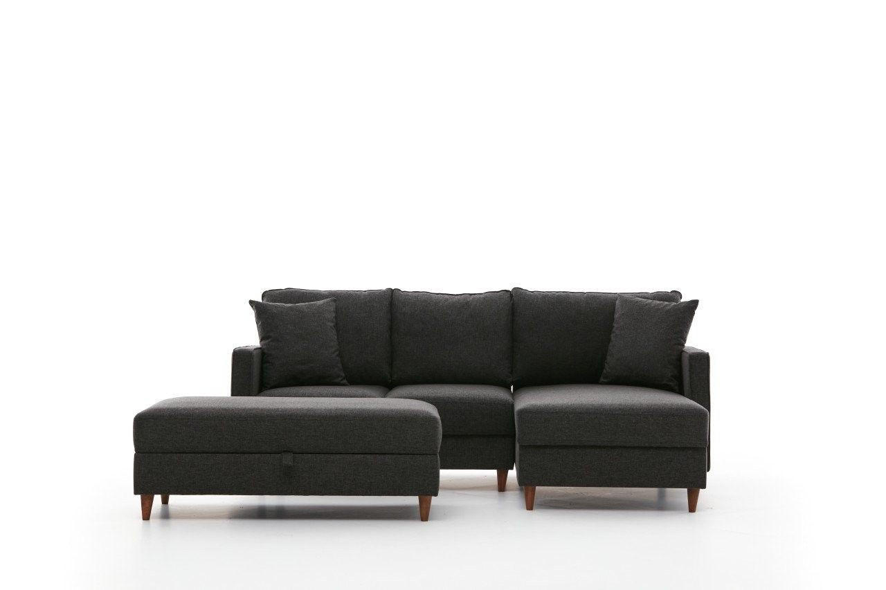 ECKSOFA mit Hocker, Schlaffläche - Anthrazit/Walnussfarben, Holz/Kunststoff (155/210cm) - myHomelando