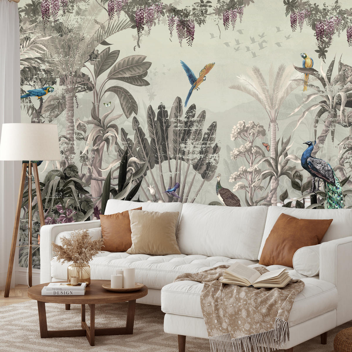 FOTOTAPETE für Wohnzimmer Vintage Tropenwald Palmen Papageien 300x210 - Beige/Grün, Papier (300/210cm) - Muralo