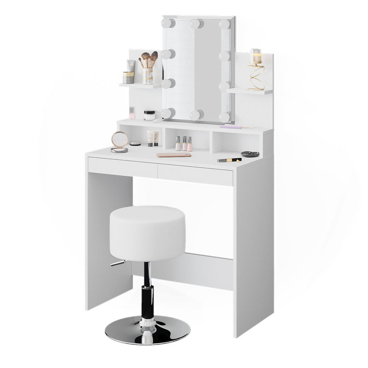SCHMINKTISCH Ania Weiß 80 cm mit LED Beleuchtung und Hocker - Weiß, Holzwerkstoff (80/139.6/40cm) - Vicco