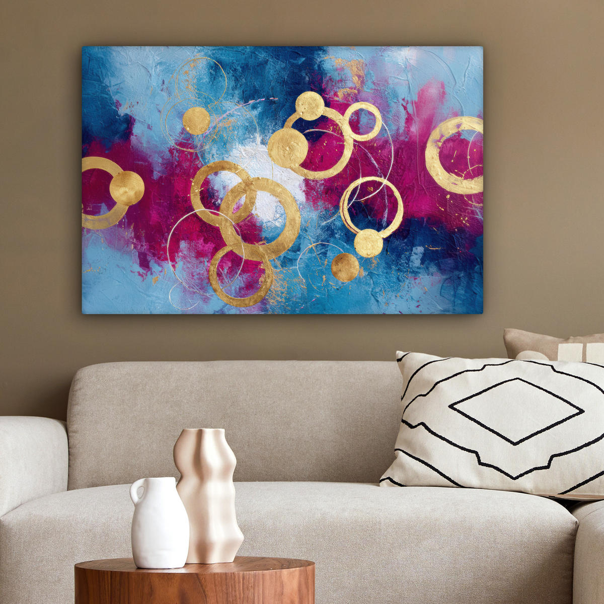 LEINWANDBILD Kreise - Gold - Abstrakt Gemälde 60x40 cm - Blau, Textil (60/40cm) - MuchoWow