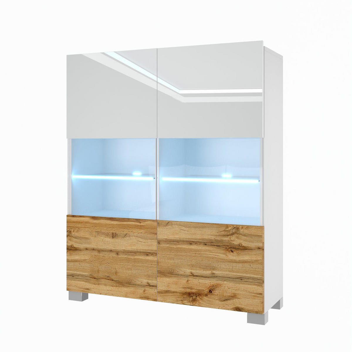 VITRINE Hochschrank mit LED-Leuchten, Weiß/Wotan Eiche - Eiche Wotan/Weiß, Holz (100/115/36cm) - B BELINI GROUP