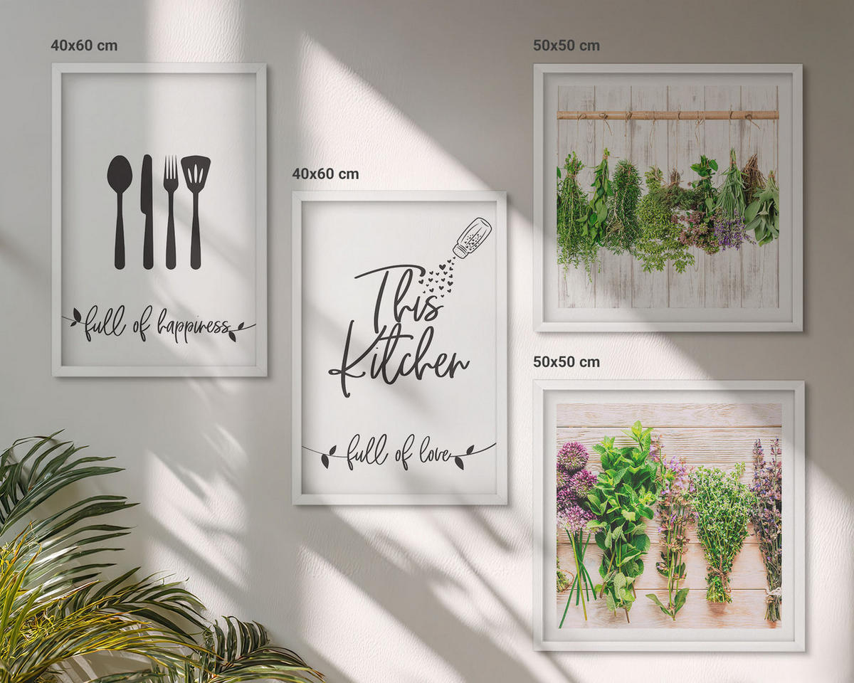 WANDBILDER 4er-Set - 50x50 cm & 40x60 cm Weißer Rahmen - Küchenkräuterpflanzen Beschriftungen - Weiß, Kunststoff (50/50cm) - ArtPrintCave