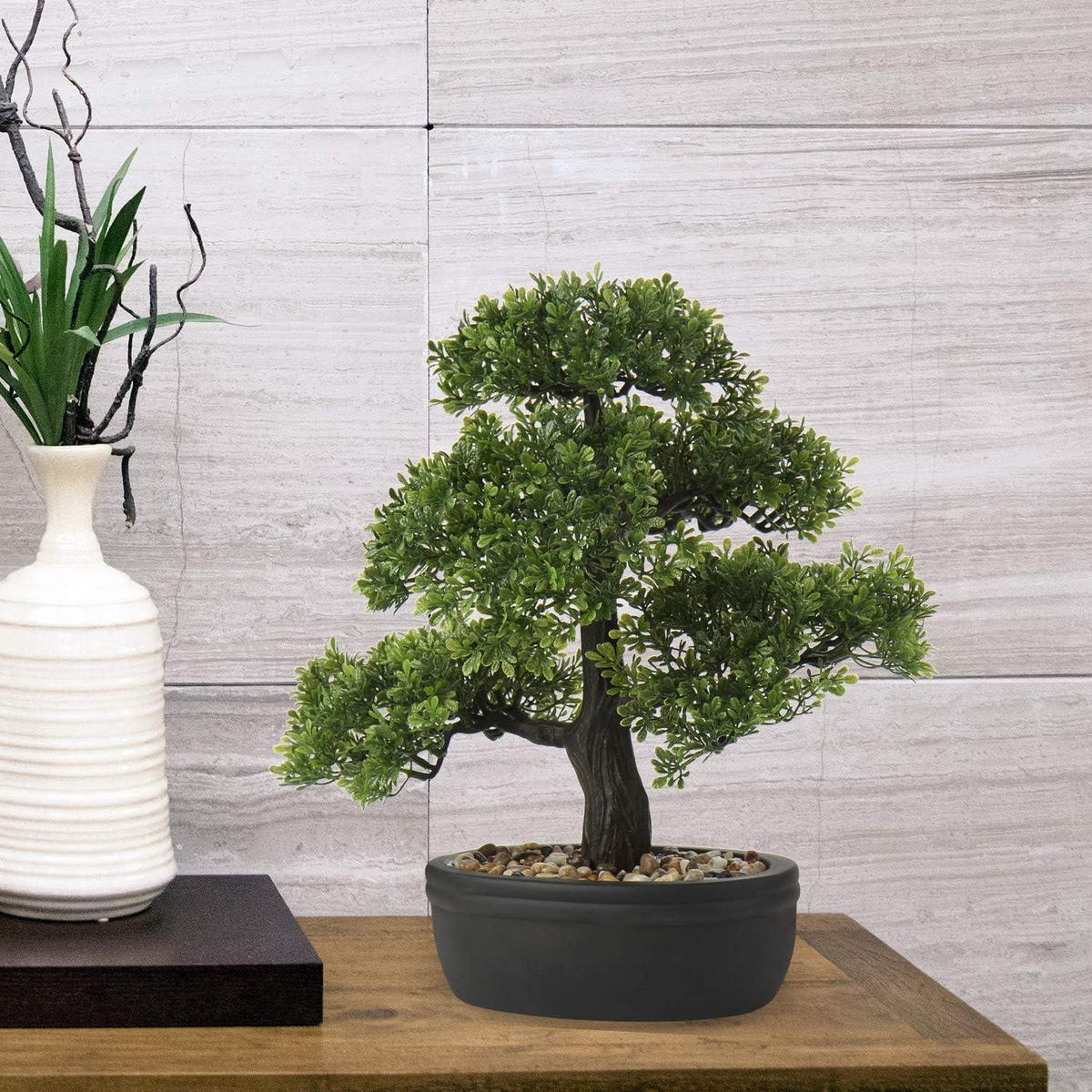 KUNSTBONSAI Podocarpus mit Keramik-Übertopf Schwarz 35.8 cm - Grün, Kunststoff (36cm)