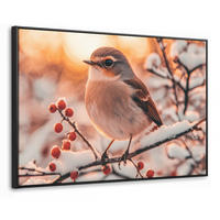 LEINWAND Bilder mit Rahmen - Vogel - Zweig - Winter - Tiere - Schnee - 140x90 - Bernsteinfarben, Textil (140/90cm) - MuchoWow