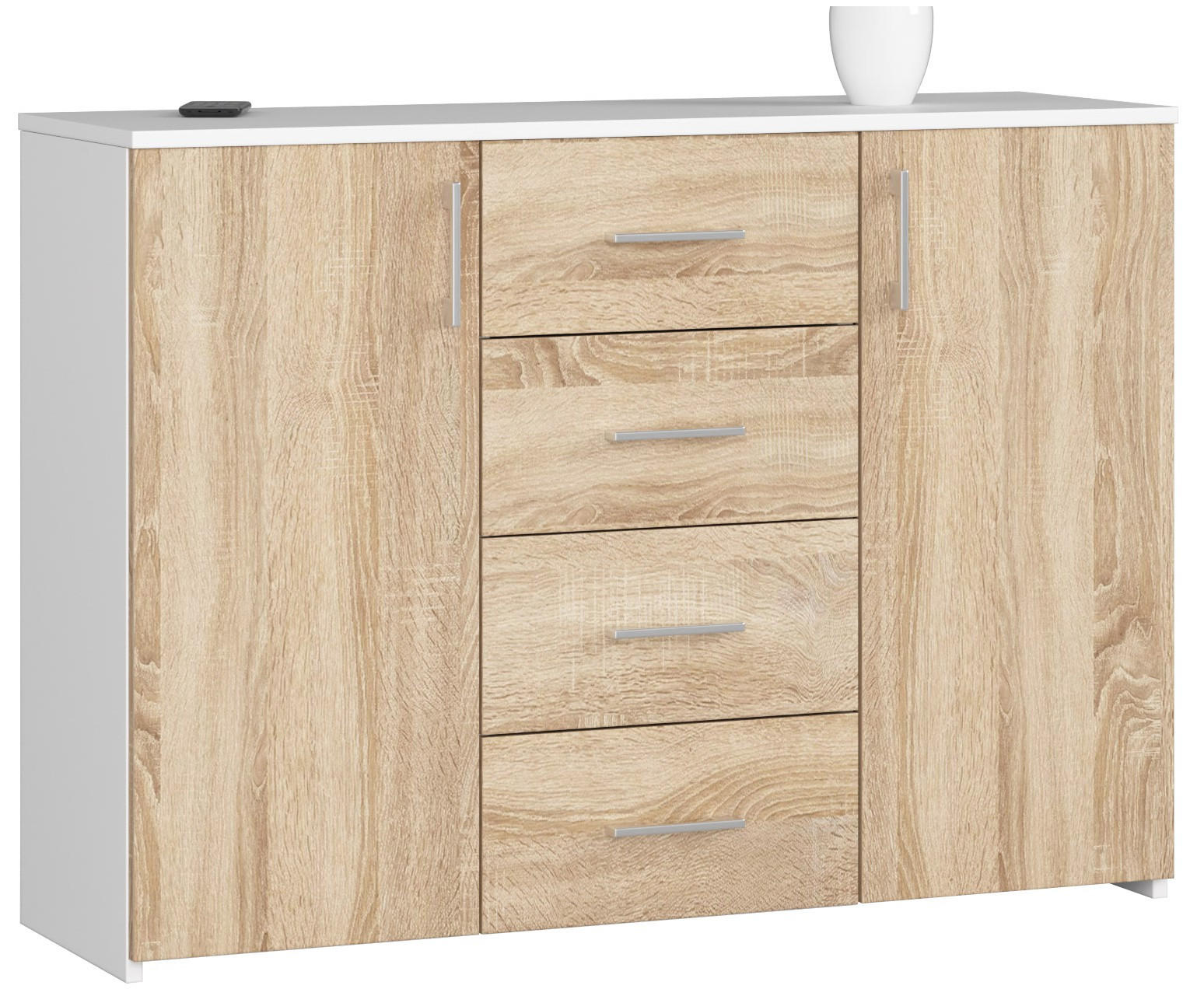 KOMMODE Weiß, Sonoma Eiche 110x35x80 cm - Silberfarben/Weiß, Holzwerkstoff/Kunststoff (110/80/35cm) - Akord