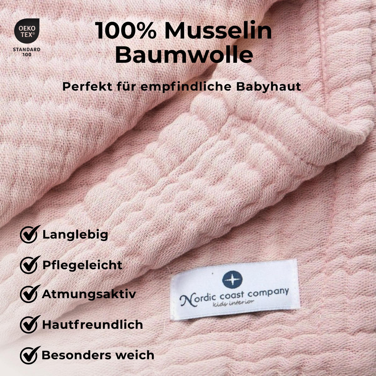 MUSSELINDECKE Babydecke Stilltuch Einschlagdecke Säuglingsdecke Mulltuch ab Geburt - Altrosa, Textil (80/80cm) - nordic coast company