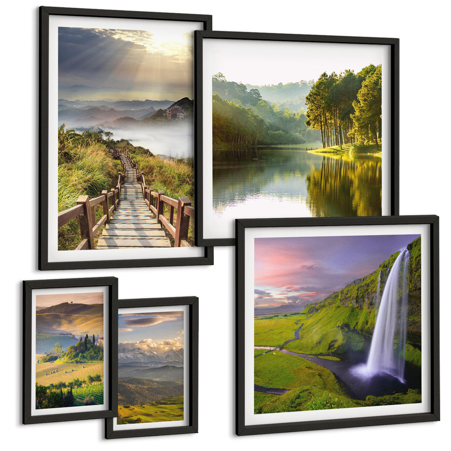 BILDER SET 5er Set - 50x50 cm & 20x30 cm & 40x60 cm Schwarzer Rahmen - Aquarell von grünen tropischen Blättern - Schwarz, Kunststoff (40/60cm) - TULUP
