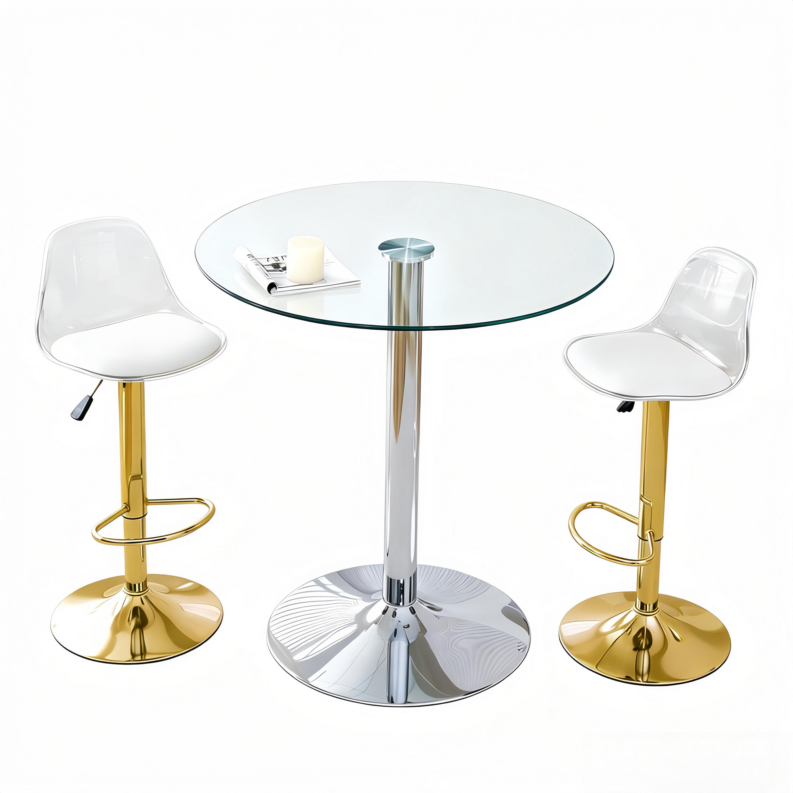 TISCHGRUPPE 3-tlg Glastisch 89 cm mit 2 Barhocker Drehbar Gold - Transparent/Goldfarben, Glas/Metall (49.5/50.5/52cm) - Raelunyi