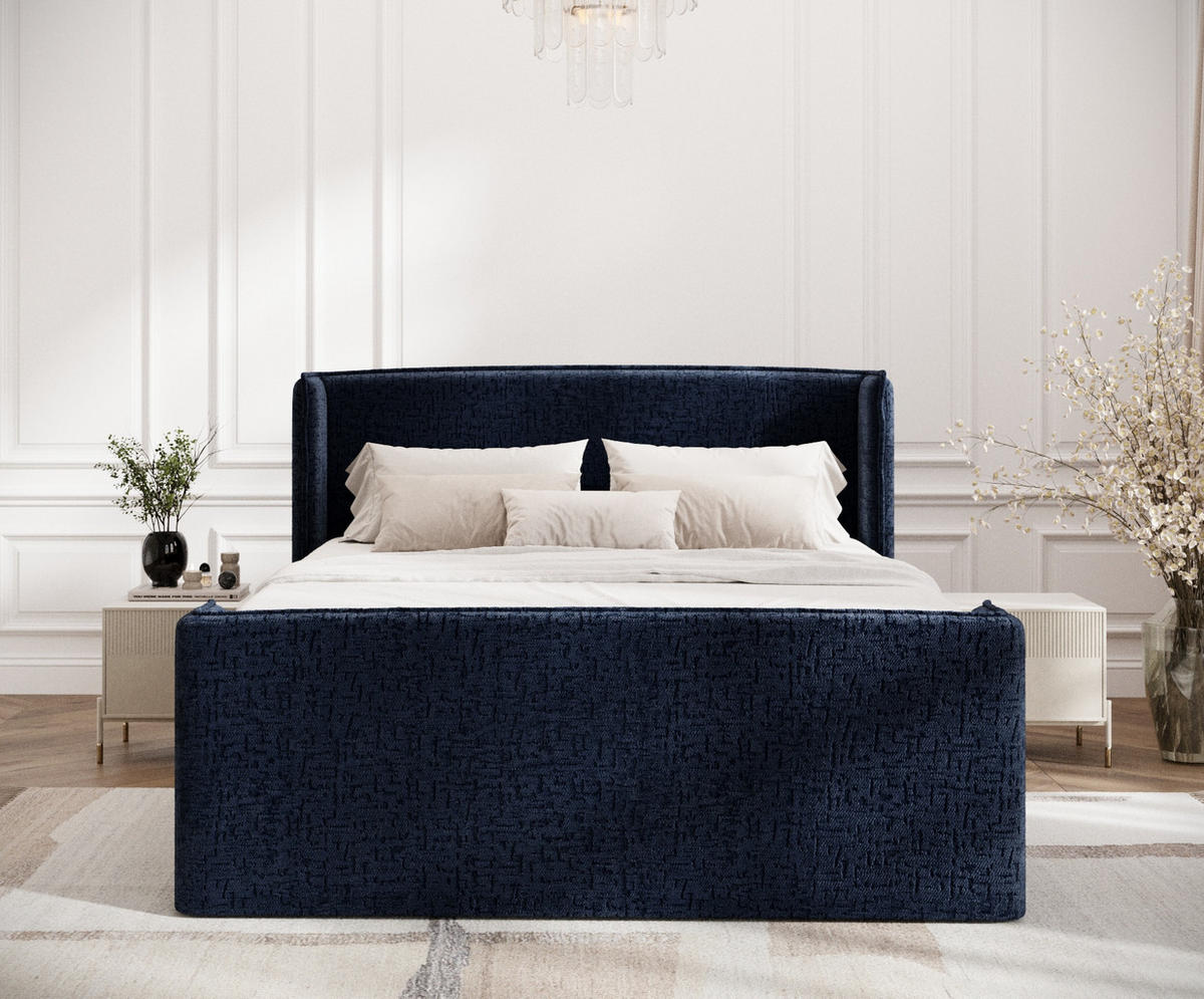 BOXSPRINGBETT Freeland Marineblau 140/200 cm mit Matratze und Topper - Schwarz/Dunkelblau, Holz/Holzwerkstoff (140/200cm) - Maison de Reve