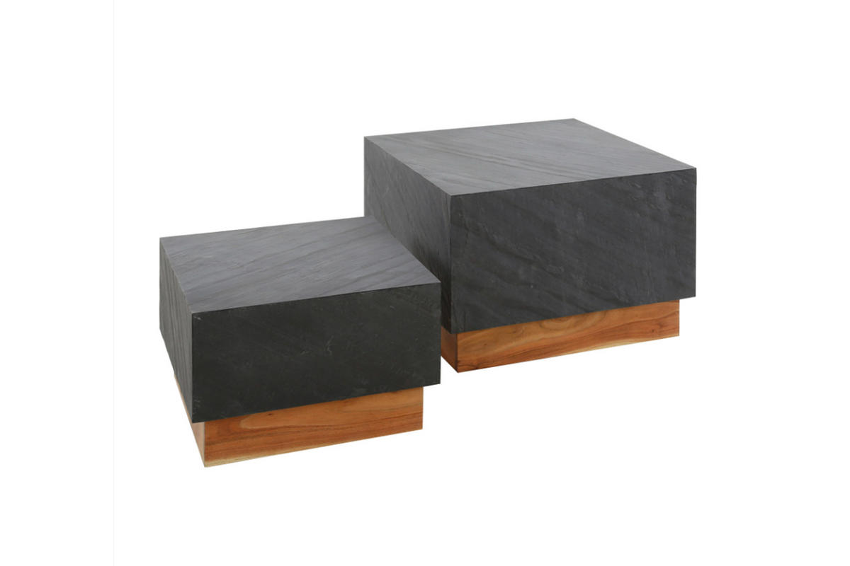 COUCHTISCH-SET NOME Schwarz Stein - Schwarz/Braun, Akazienholz/Stein (58/58/40cm) - KAWOLA