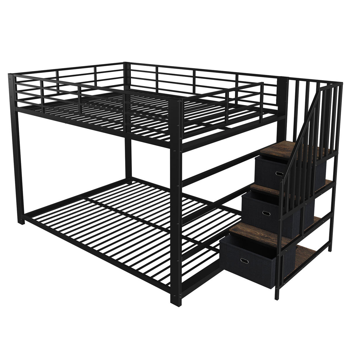 ETAGENBETT aus MDF und Metall 140x200 cm Schwarz mit Stauraumtreppe, LED-Lichtband und USB-Anschlüssen - Schwarz, Holzwerkstoff (140/200cm) - Modfu