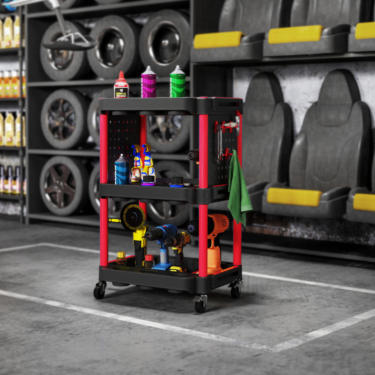 WERKSTATT-ROLLWAGEN mit 3 Etagen, Seitenlochregalen, Werkzeugwagen mit Haken - Schwarz, Kunststoff (47.5/89/56.5cm) - HOMCOM
