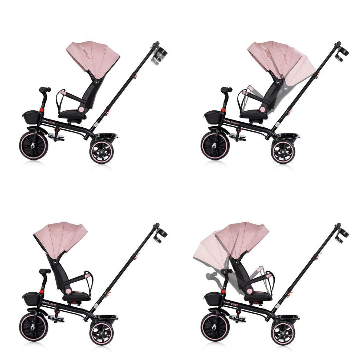 DREIRAD Max Sport 2 in 1 rosa schwarz Dreirad, Becherhalter, Sitz umkehrbar, Korb - Schwarz, Metall (116/50/95cm) - Chipolino