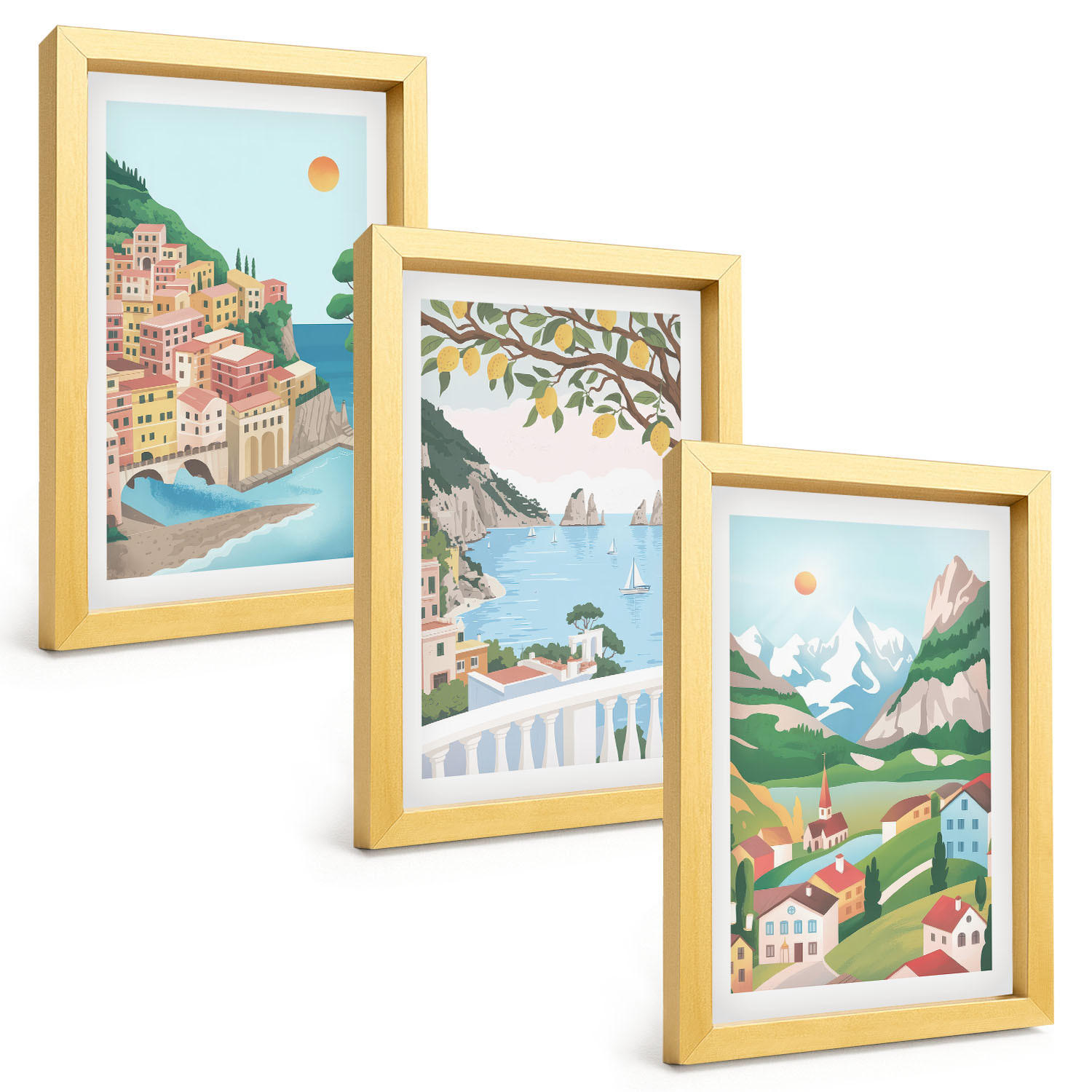 BILDER SET 3er Set - 20x30 cm Goldrahmen - Pastellfarbene Küstenansichten - Goldfarben, Kunststoff (20/30cm) - TULUP