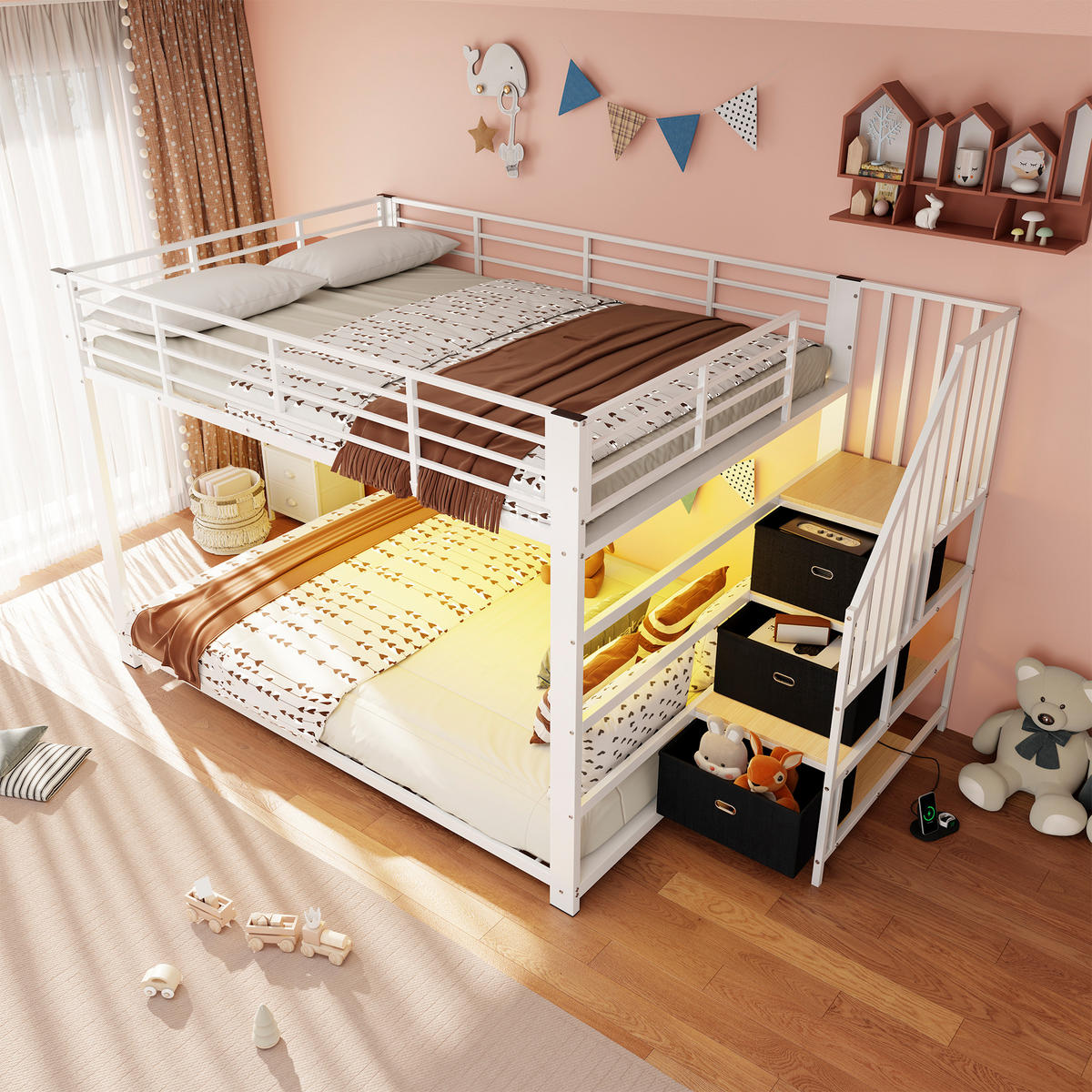 ETAGENBETT 140/200 cm mit Treppe, LED und Steckdose, DE-41957, in Weiß - Weiß, Metall (140/200cm) - ComfortXL