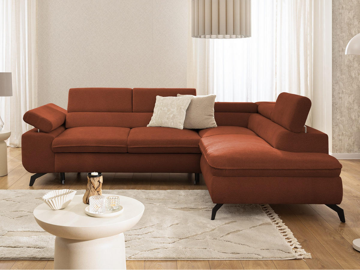 ECKSOFA mit Schlaffunktion und Bettkasten Bonnie aus Terrakotta Chenille-Stoff mit verstellbaren Kopfstützen und Armlehne - Ottomane rechts - Terracotta/Schwarz, Holz/Textil (275/210cm) - S-Style Möbel