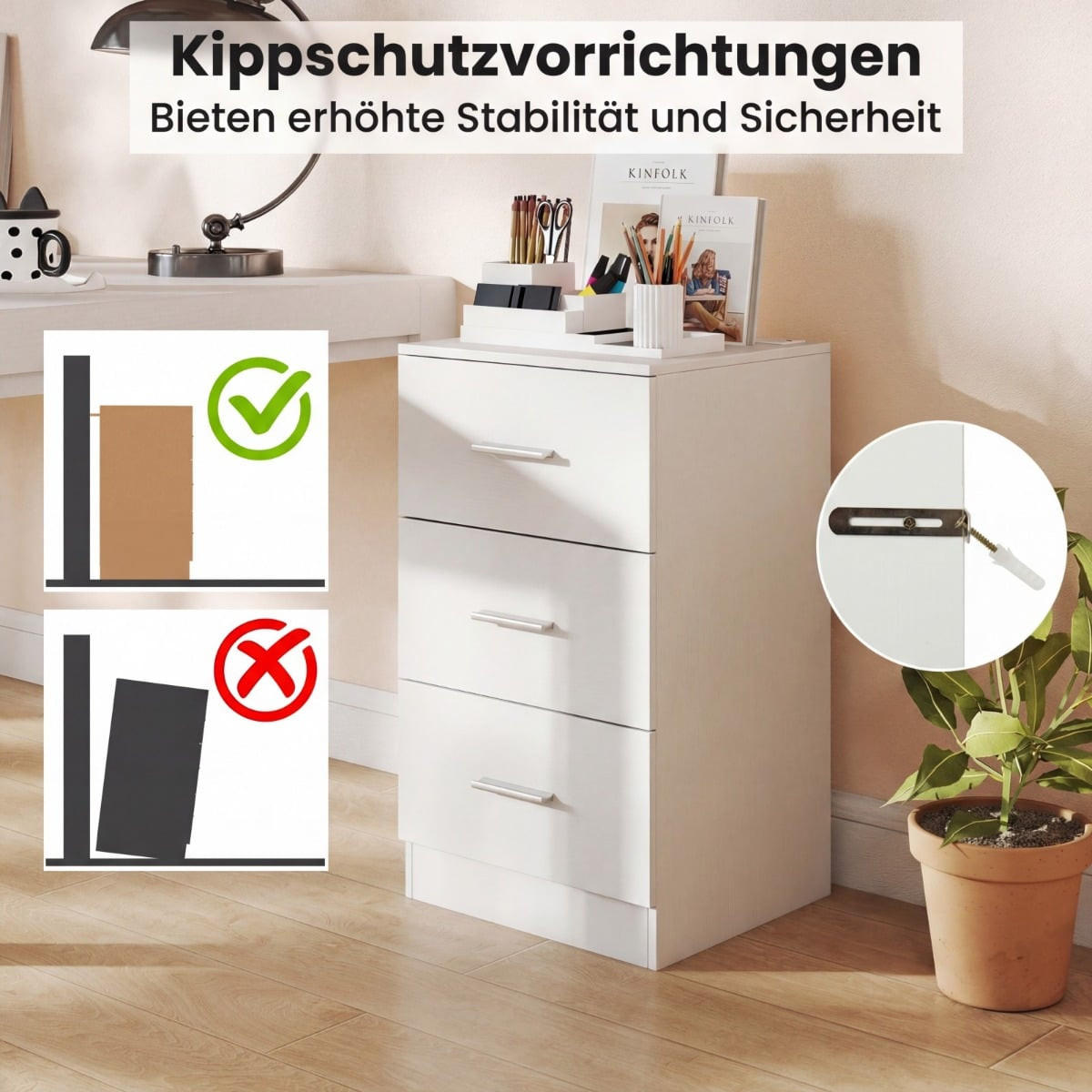NACHTTISCH mit Ladestation, 3 Schubladen, 38 x 35 x 66 cm, Weiß - Weiß, Holzwerkstoff (38/66/35cm) - DESIGN IN
