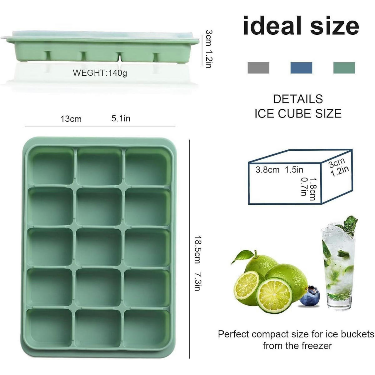 EISWÜRFELFORM 3er Set Silikon mit Deckel 45 Fächer Olive Green - Olivgrün, Kunststoff (13/3/18.5cm)
