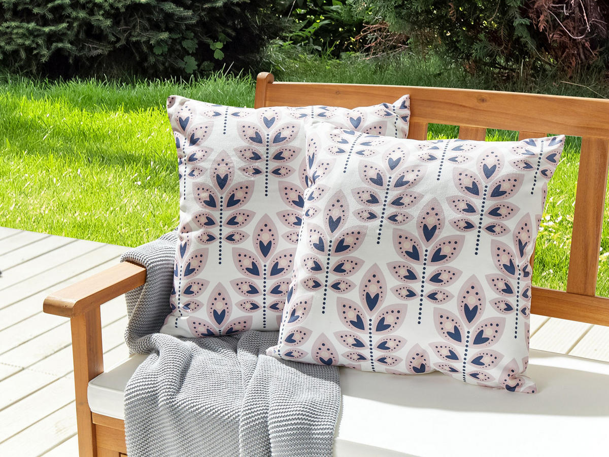 GARTENKISSEN 2er-Set Blattmotiv beige 45/45 cm Torretta - Creme, Textil (45/45cm) - Beliani