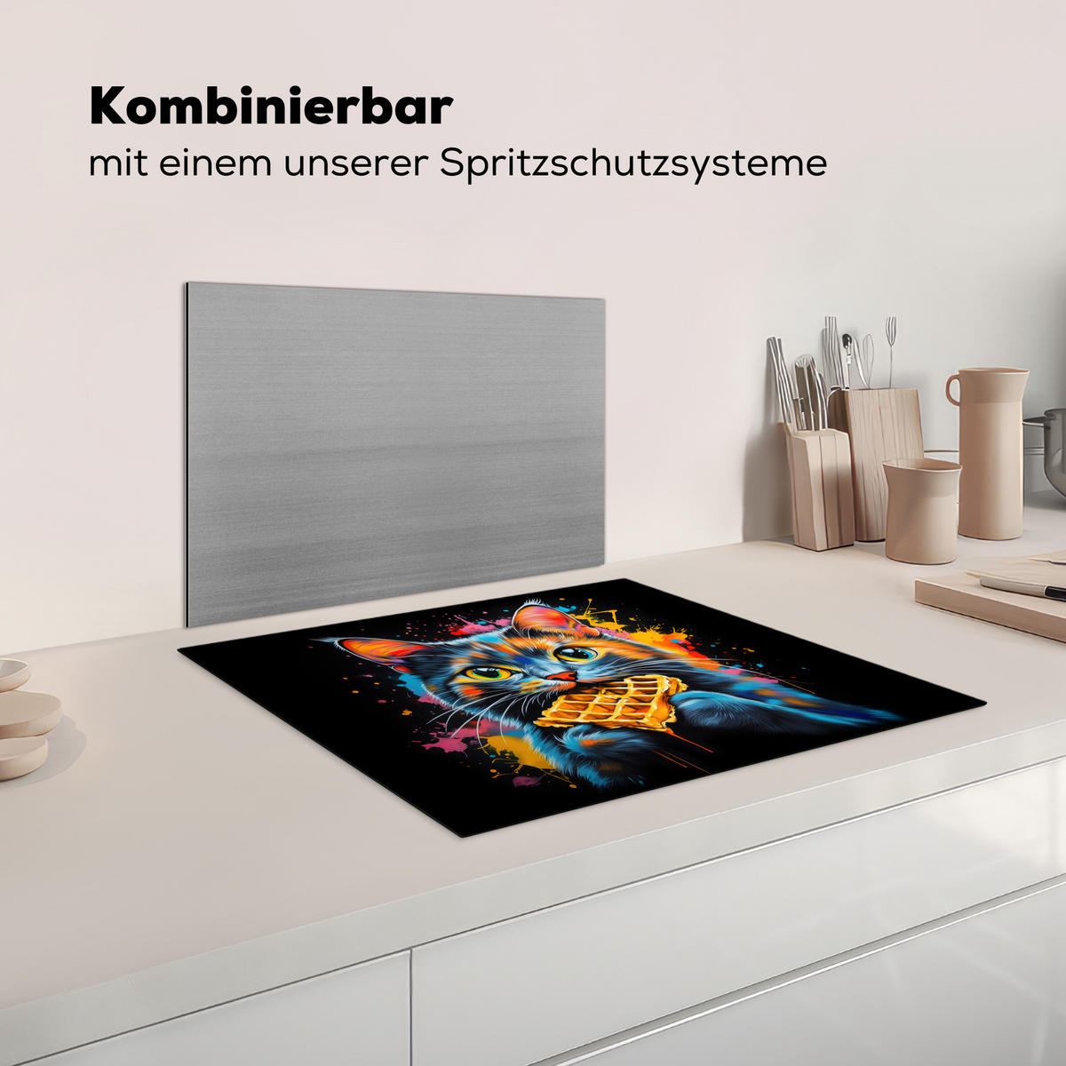 HERDABDECKPLATTE Katze - Graffiti - Bunt - Waffel - Essen Herdabdeckung Induktionsfeld 65x52 cm - Multicolor, Kunststoff (65/52/0.2cm) - MuchoWow