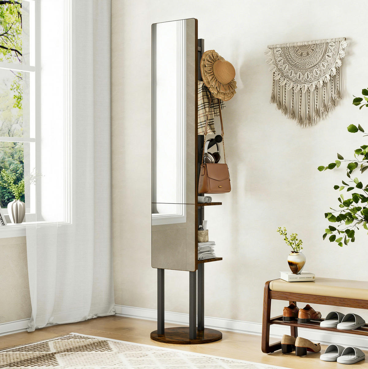 GARDEROBENSTÄNDER mit Ganzkörperspiegel 360° drehbar Schwarz Braun - Braun, Metall (40/174/40cm) - Beauniv