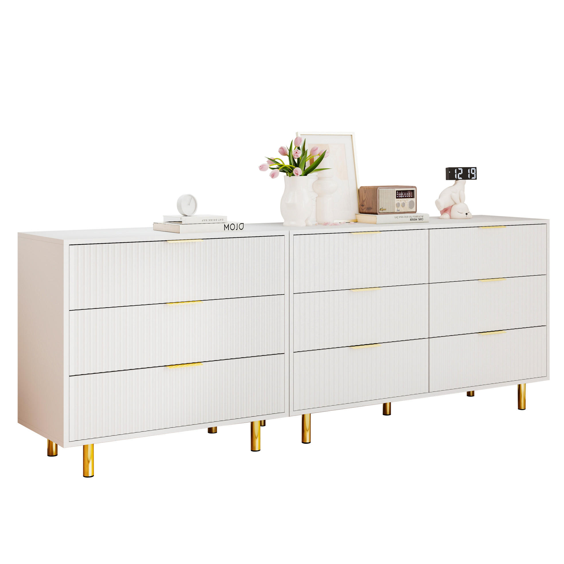 KOMODA 200/40/72 cm bijela i zlatna od MDF-a s 9 ladica i modularnim rasporedom - bijela, drvni materijal (200/72/40cm) - OKWISH