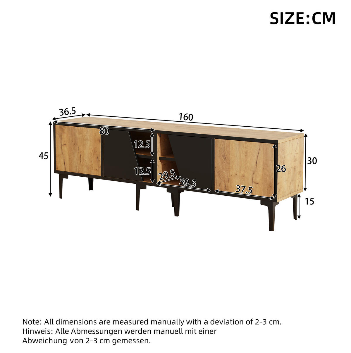 TV ormarić od iverice 160x36,5x45 cm prirodna boja i crna s 4 pretinca i 7 PVC nogu, za TV do 65" - svijetlo smeđa, drvni materijal (160/45/36.5cm) - Modfu