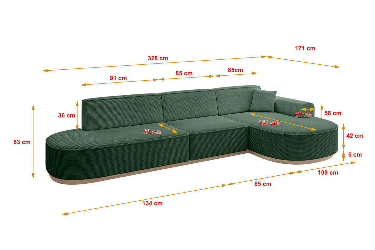 ECKSOFA Ottomane Rechts MARI-L2-v1 - 328x171x83 cm Grün Cord - Grün, Holzwerkstoff/Textil (171/328cm) - ALTDECOR