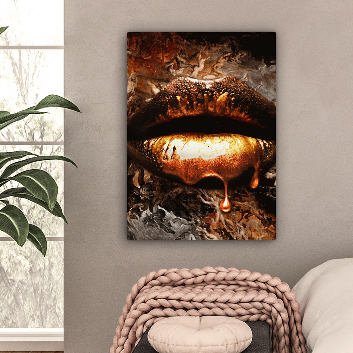 LEINWANDBILD Gold - Lippen - Kunst - Gold - Luxus - Abstrakt 60x80 cm - Kupferfarben, Textil (60/80cm) - MuchoWow