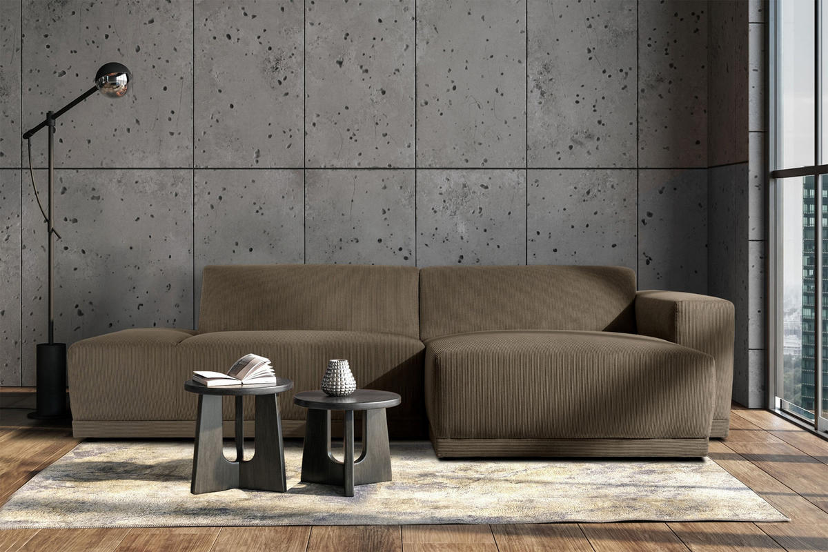 ECKSOFA-RECHTS MUDI in moderner Optik mit hochwertigem Kaltschaum, Cord-Stoff, braun - Schwarz/Braun, Textil (280/160cm) - KONSIMO®
