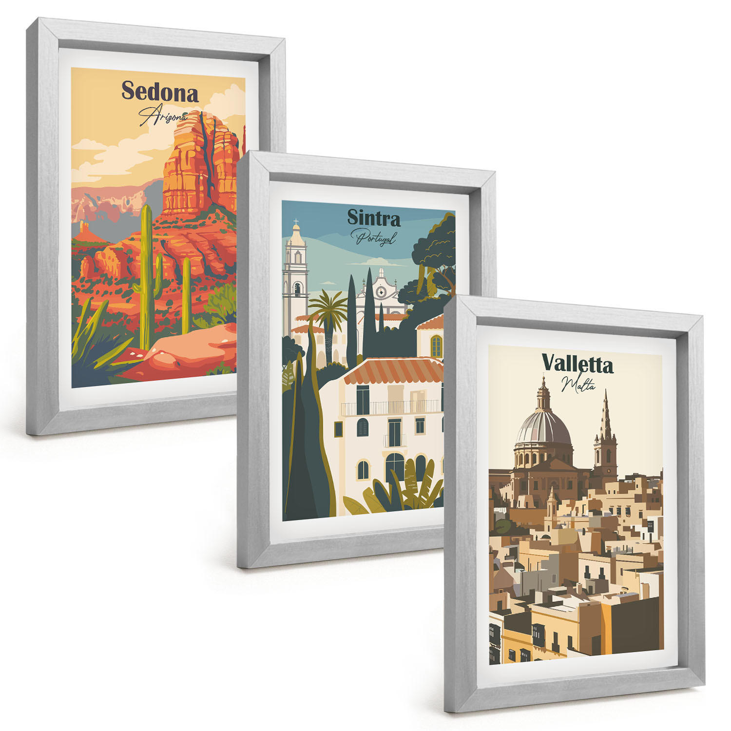 BILDER SET 3er Set - 20x30 cm Silberner Rahmen - Ansichten Sedona Sintra Valletta Retro - Silberfarben, Kunststoff (20/30cm) - TULUP