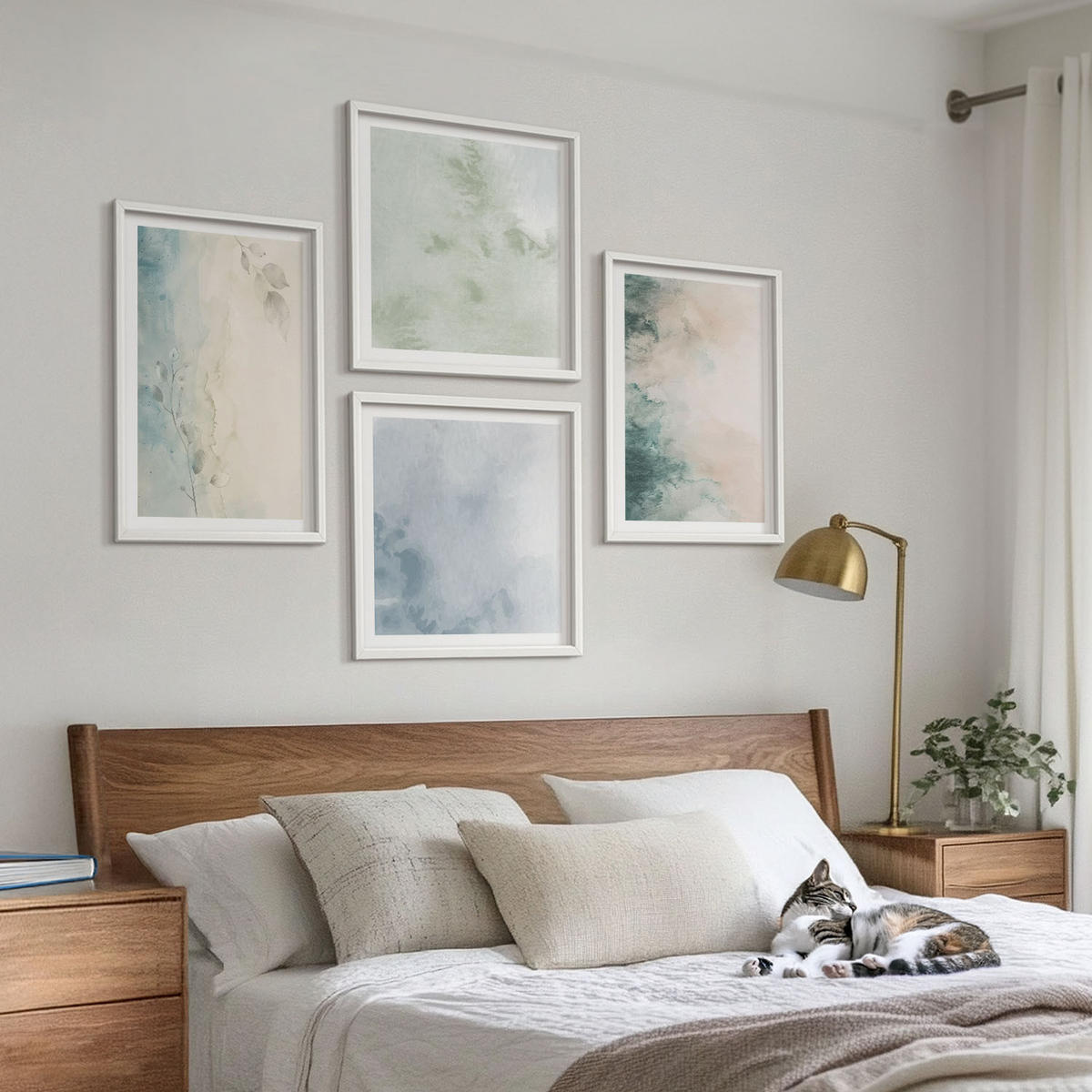 WANDBILDER 4er-Set - 50x50 cm & 40x60 cm Weißer Rahmen - Aquarell-Leinwandstil - Weiß, Kunststoff (50/50cm) - ArtPrintCave