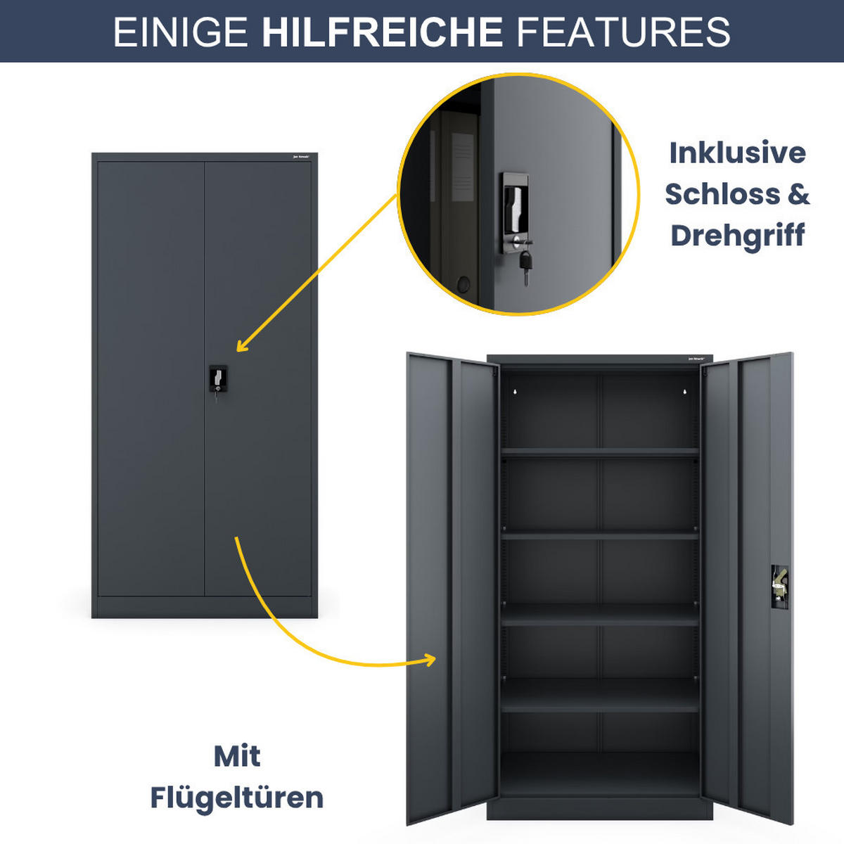 AKTENSCHRANK abschließbar KADO Flügeltüren 185x90x60cm Anthrazit - Anthrazit, Metall (90/185/60cm) - DELUKE