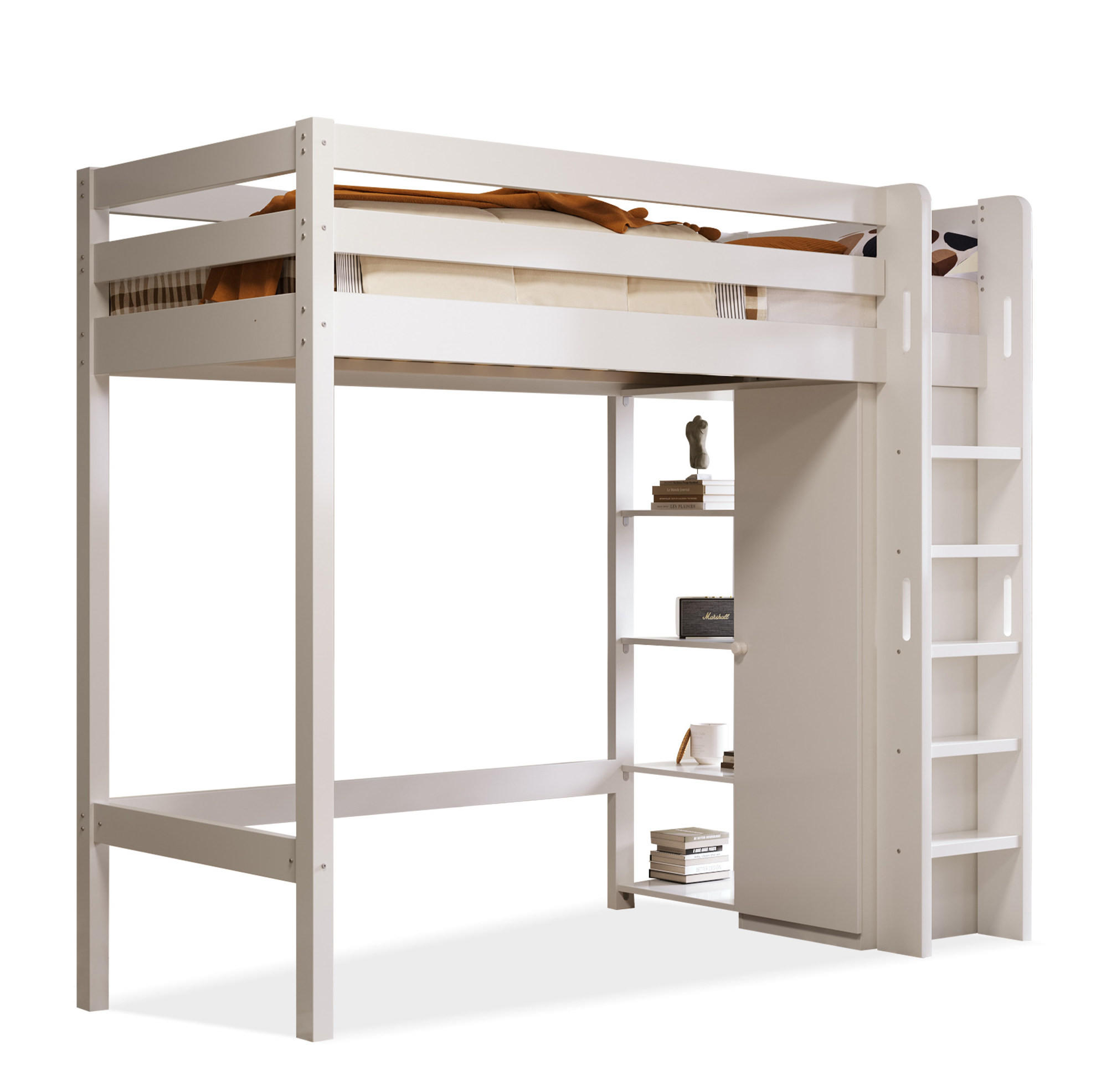 HOCHBETT 90/200 cm in Weiß mit Kleiderschrank und 6 Regalen - Weiß, Holzwerkstoff (90/200cm) - Flora Grace