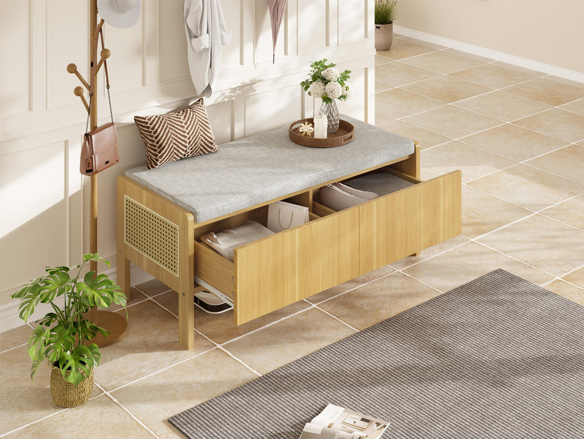 SCHUHBANK in Naturfarben und Grau Sitzschrank mit Rattan-Geflecht und Schubladen für Flur, B113/T45.5/H40 cm - Naturfarben/Grau, Glas/Holzwerkstoff (113/45.5/40cm) - STILVORA