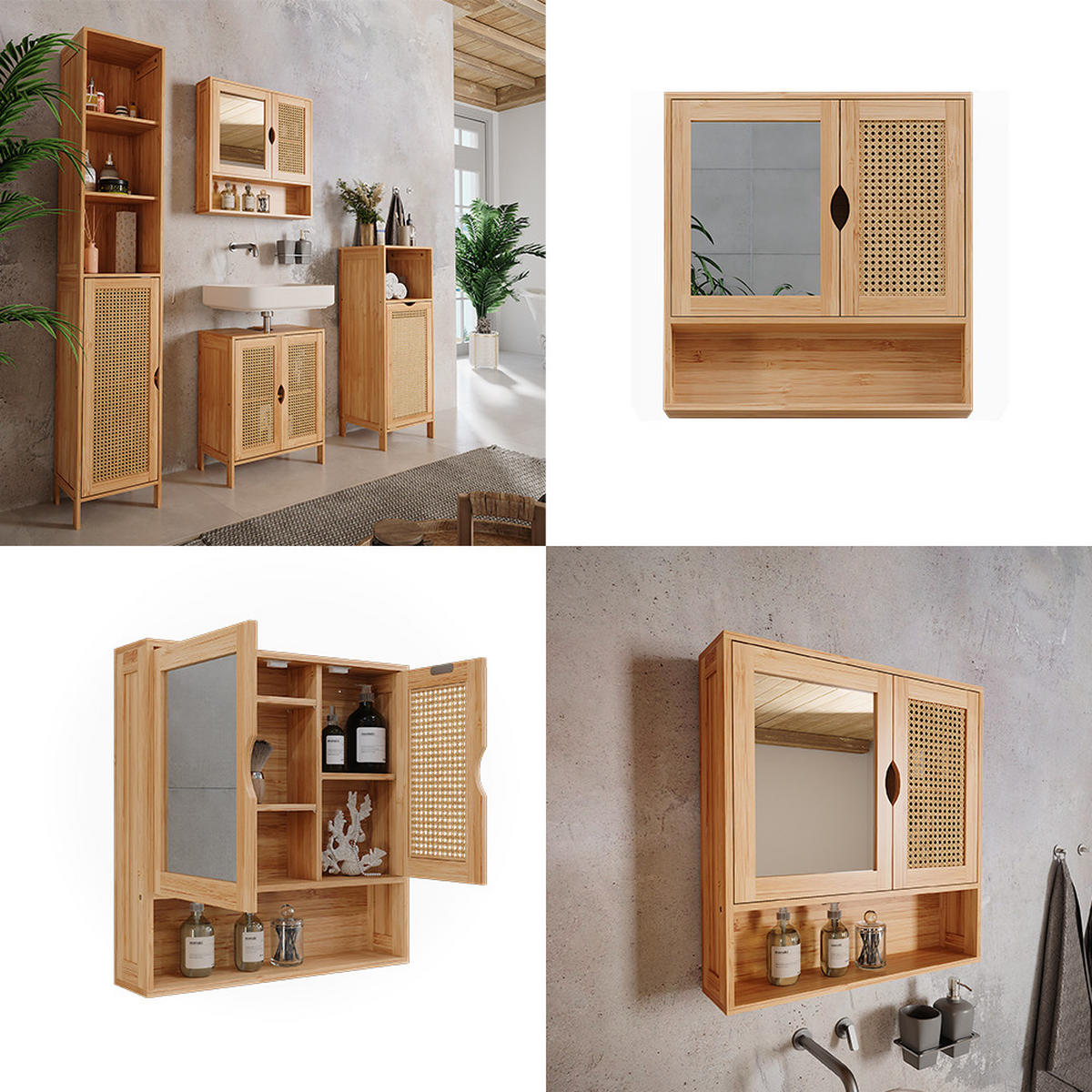 KÚPEĽŇOVÁ ZRKADLOVÁ SKRINKA Liora Bambus/ratan - zelená, kompozitné drevo (56/58/13cm) - Vicco
