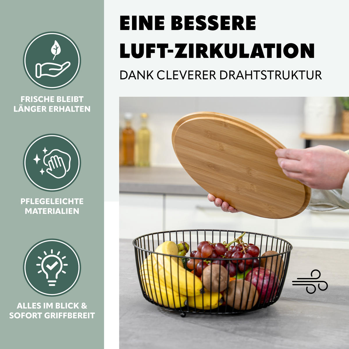 OBSTKORB mit Bambusdeckel, schwarz, rund - Schwarz, Metall (12.5cm) - eluno