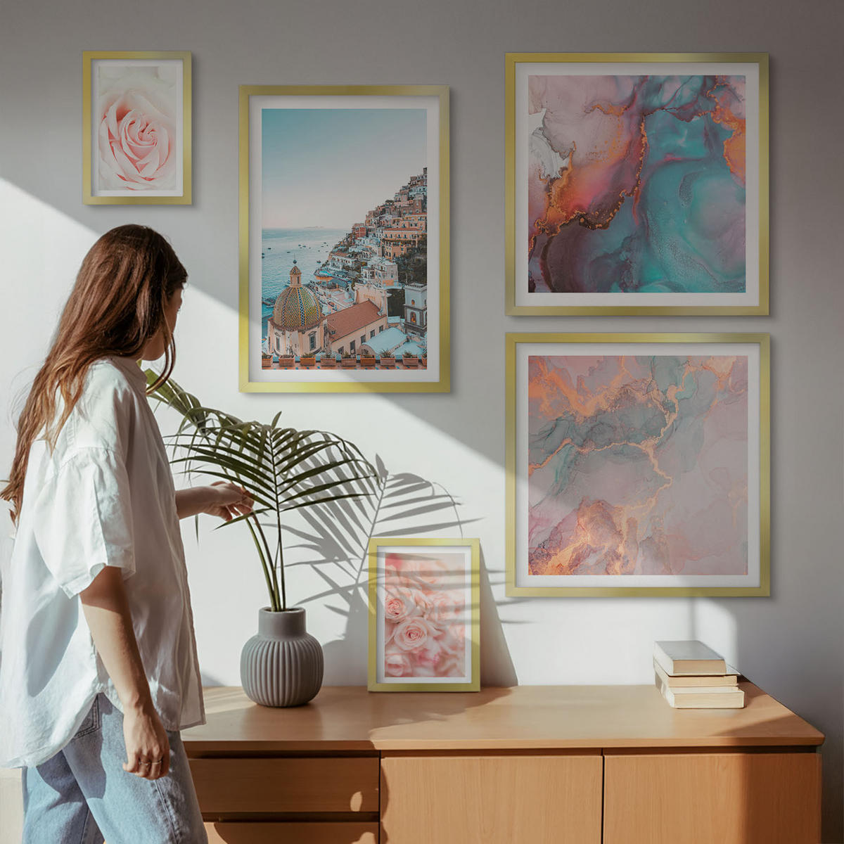 BILDER SET 5er Set - 50x50 cm & 20x30 cm & 40x60 cm Goldrahmen - Abstrakte Pastellmuster - Goldfarben, Kunststoff (40/60cm) - TULUP